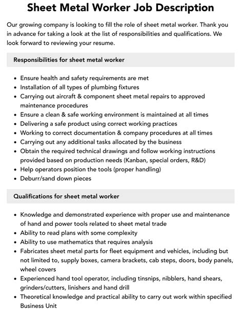 sheet metal welder job description|sheet metal worker skills.